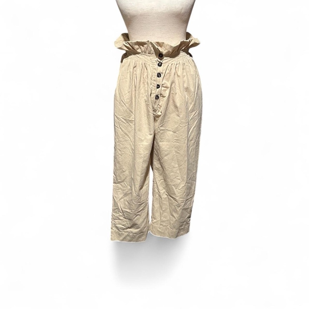 Beige High-Waisted Button-Up Pants